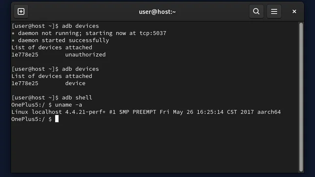Terminal Linux mengeksekusi perintah Android Debug Bridge (ADB) untuk flashing sistem